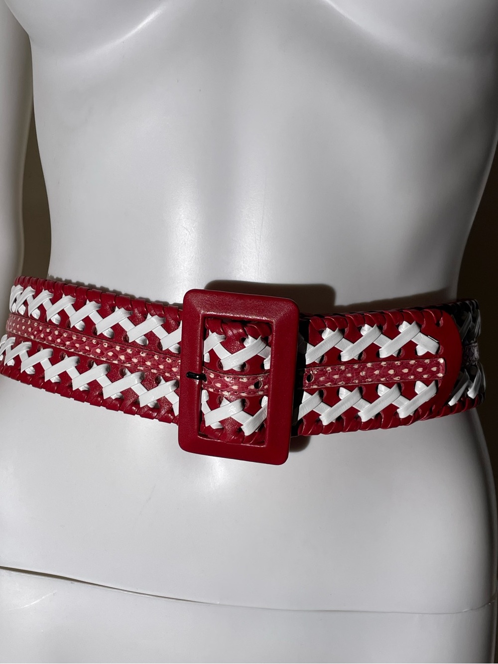 Oscar de la Renta Red White Wide Leather Snakeskin Trim Belt Womens Sz M